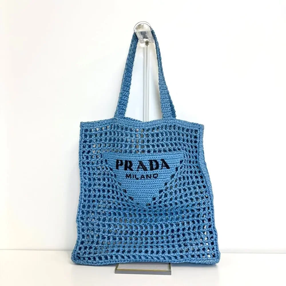 PRADA Blue Yarn Raffia Effect Crochet Logo Embroidered Tote Bag Black Shoulder